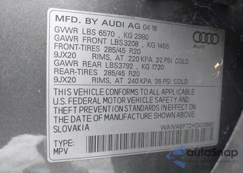 2017 Audi Q7 3.0T Premium из США, поврежденный, VIN WA1VABF72HD013883